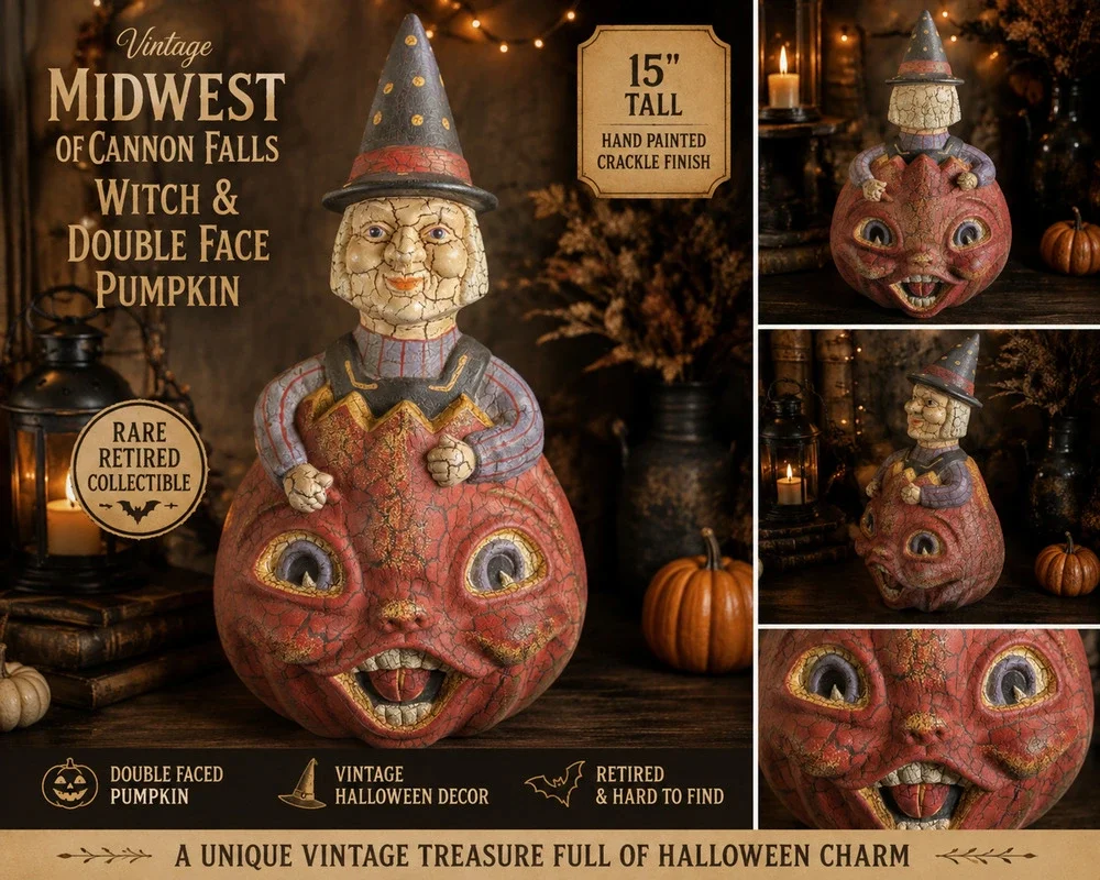 Vintage Midwest Cannon Falls Witch Double Face Pumpkin 15” Retired Halloween